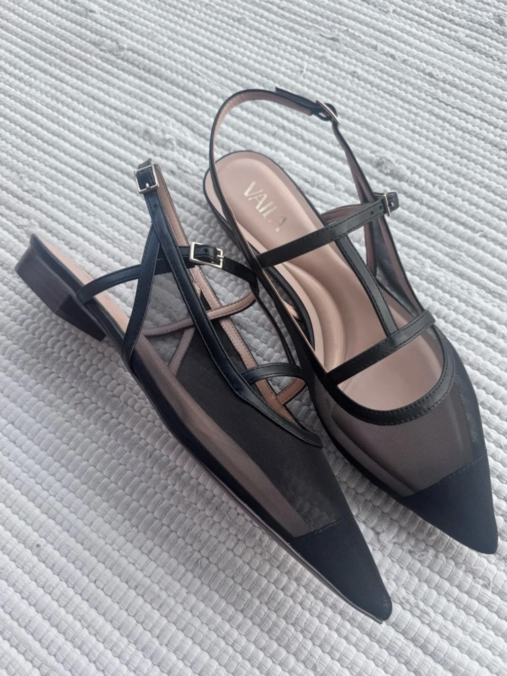 Vaila Luna Black Mesh Pointed Slingback Flats